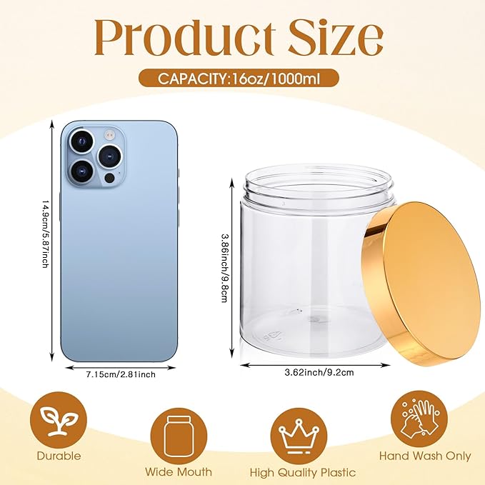 SATINIOR 12 Pack 16 oz Plastic Container Jars with Lids Round Clear Travel Cosmetic Container Slime Jars for Toiletries, Lotion, Cream, Ointments, Makeup, Rhinestone, Samples, Kitchen Storage(Gold)
