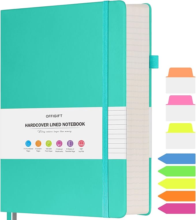 Lined Notebook Journal for Women Men, A5 College Ruled Notebook, 312 Numbered Pages Notebooks for Work, 100gsm Paper Daily Journal, Hardcover Vegan Leather Journals for Writing Office, Peacock Blue