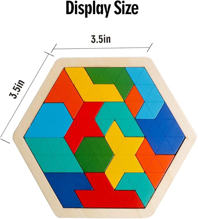 Skrtuan Wooden Hexagon Puzzle for Kid Adults Brain Teaser Blocks Puzzles Games Toy Shape Pattern Block Tangram Geometry Logic IQ STEM Montessori Educational Gift for Kids Children Boys Girls