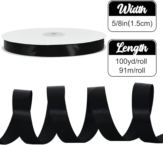TONIFUL 5/8 Inch x 100yds Black Satin Ribbon Thin Solid Frabic Ribbons for Sewing, Craft, Bows Making, Gift Wrapping, Invitation Cards, Wedding Party Valentine's Decor