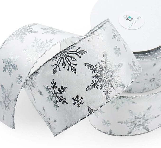 CT CRAFT LLC Satin with Silver Snowflake Wired Ribbon 2.5 Inch x 10 Yards for Christmas Home Decor Tree Topper Bow Gift Wrapping DIY Crafts Wreath Garland