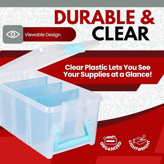 ArtBin 6925AA Semi Satchel with Removable Dividers, Portable Art & Craft Organizer with Handle, [1] Plastic Storage Case, Clear with Aqua Accents