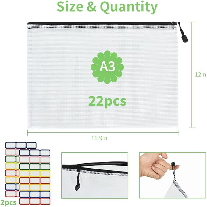 Vuzvuv 22Pcs A3 Size-16.9"x 12" Large Mesh Zipper Pouch with Label Sticker, Plastic Document Mesh Bag for File Board Game School Office Home Travel Storage（43cm30cm）