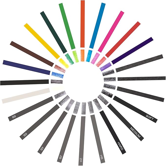 Chalk Pastels, Vine Charcoal and Graphite Sticks for Artists Drawing, Set of 24 Pcs