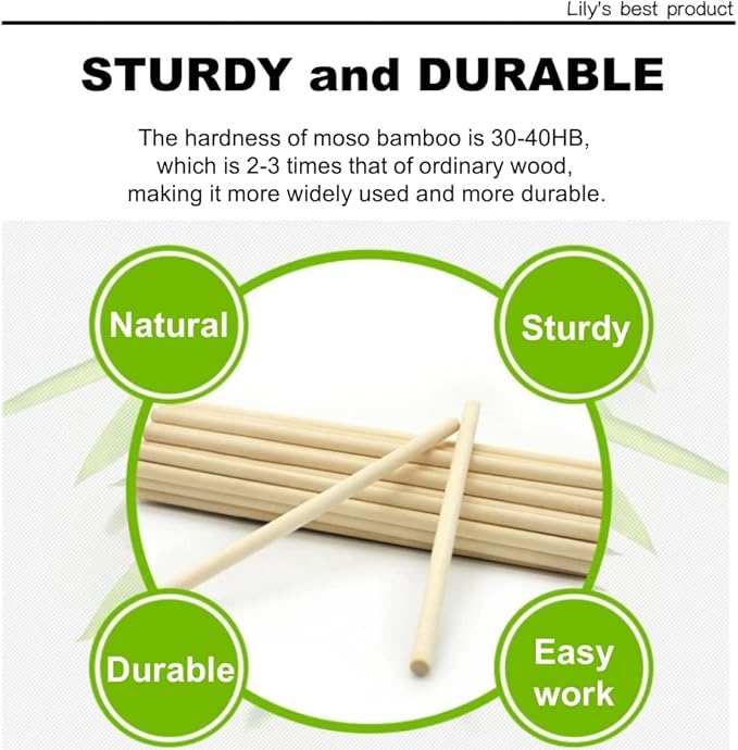 HOPELF 50PCS Bamboo Dowel Rods - 1/4 x 12 Inch, Assorted Hardwood Sticks for Crafts, Cake Dowels & DIY Projects