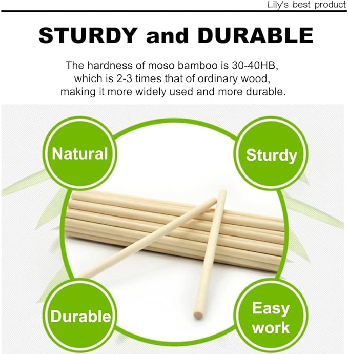 HOPELF 100PCS Dowel Rods Wood Sticks Wooden Dowel Rods - 1/4 x 6 Inch Bamboo Sticks - for Crafts，Hardwood Dowel Rod Assortment，Wooden Rod Sticks Doweling Rods， Cake Dowels and DIYers.