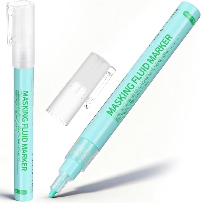 2 Pcs Masking Fluid Pen for Watercolor Painting, Capacity with Applicator Tip, Masking Fluid Marker for Various Art Projects Watercolor Ink(Green,3mm)