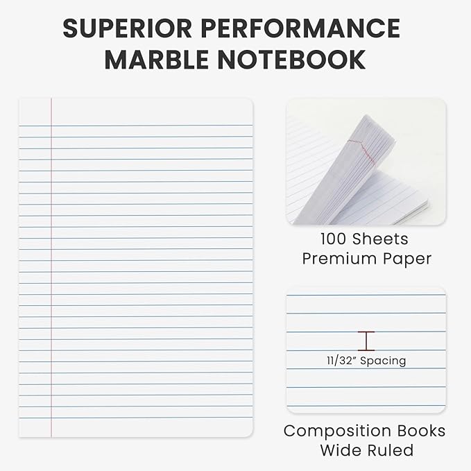 Marble Composition Notebook, 5-Pack Bulk Composition Notebooks Wide Ruled, 100 Sheets (200 Pages) 7-1/2" x 9-3/4" Marble Notebooks Wide Ruled, Classroom Must Haves-School Supplies College.