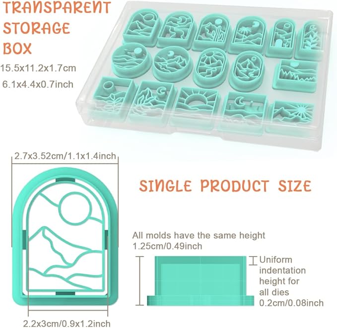 ACRNIGHEET Boho Clay Cutters - 16 Shapes Sun and Moon, Landscape Polymer Clay Cutters for Jewelry, Earring Making Kit With Storage Box