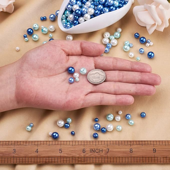 1840Pcs 4/6/8mm Glass Pearl Beads Multi Colors Round Spacer Pearlized Beads for DIY Craft Jewelry Making, Mixed Blue & White