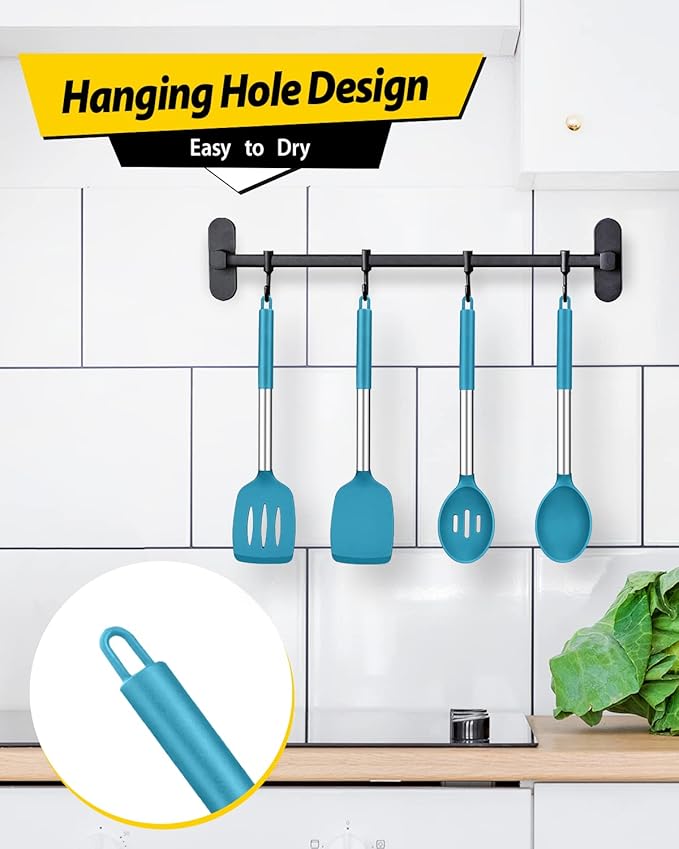 Pack of 4 Silicone Cooking Utensils Set, Non Stick Large Solid Spatulas, Heat Resistant Blue Slotted Spoons, Ideal BPA Free Kitchen Turners for Frying, Mixing,Serving,Draining,Turning,Stirring