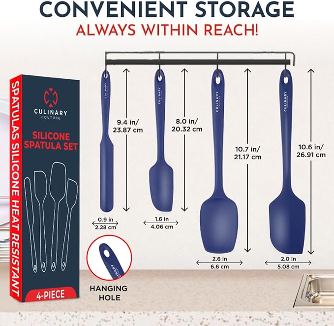 Culinary Couture 4-Piece Blue Baking Spatula Set - Rubber Spatulas Silicone Heat Resistant, BPA-Free - Spatula Set for Nonstick Cookware - Silicone Baking Utensils