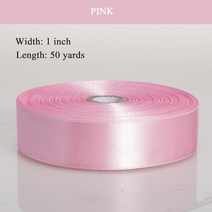 1 Inch Pink Solid Satin Ribbon, 50 Yards Craft Fabric Ribbon for Gift Wrapping Floral Bouquets Wedding Party Decoration