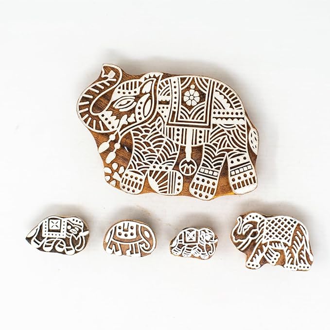 Wooden Block Stamp for Block Printing - Elephant Design Wooden Print Stamp Set of 5, Handcarved Indian Wood Stamps for Crafting on Fabric, Clay & Henna Tattoo HASHCART®