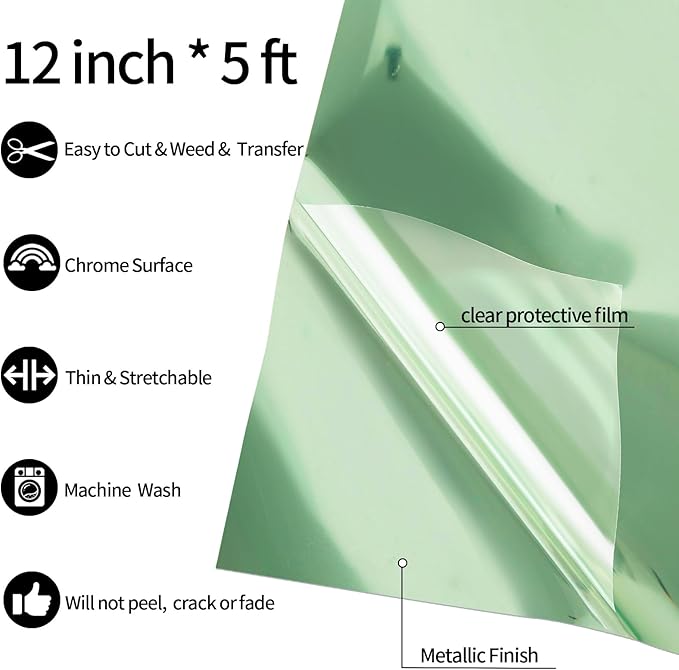 VINYL FROG Metallic Foil HTV Vinyl Roll 12" x5ft Mint Green Chrome Heat Transfer Vinyl Iron on Vinyl Easy to Cut & Weed DIY Heat Press Design for T-Shirts