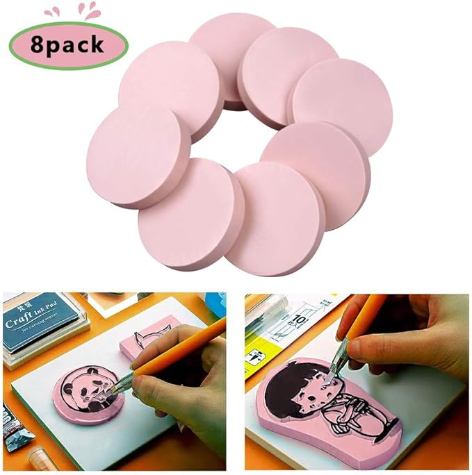 8 Pcs 2"x2" Pink Rubber Carving Blocks for Stamp Soft Rubber Crafts, Soft and Easy to Carve (Round)