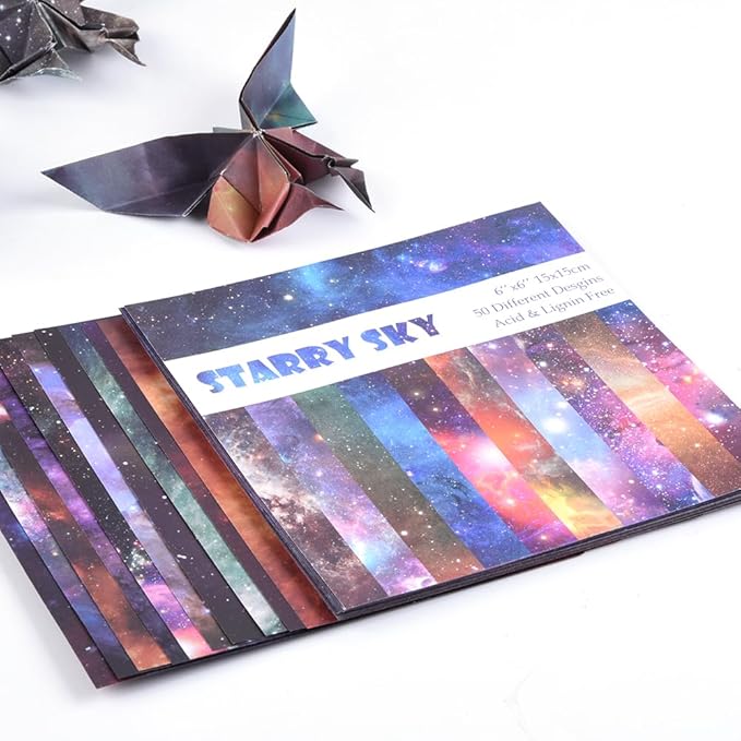 Origami Paper Kit 50 Sheets 70GSM 6 Inch Square Double Sided Color 50 Vivid Japanese Washi Chiyo Colors for Hand Crafts Origami Paper Arts Creativity.Galaxy