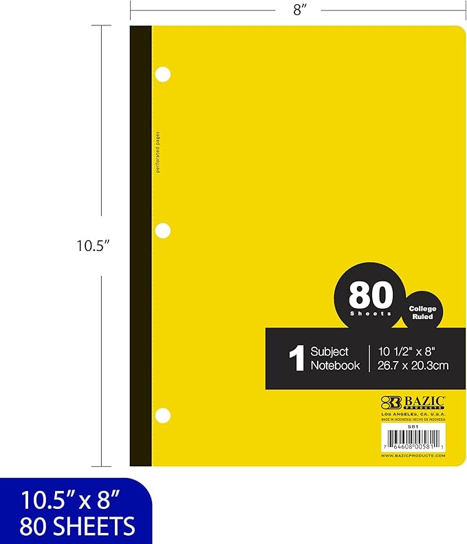 BAZIC Notebook College Ruled 1 Subject 80 Sheets Wireless Notebooks, Lined Composition Book, Assorted Color, 1 Unit, Random Color