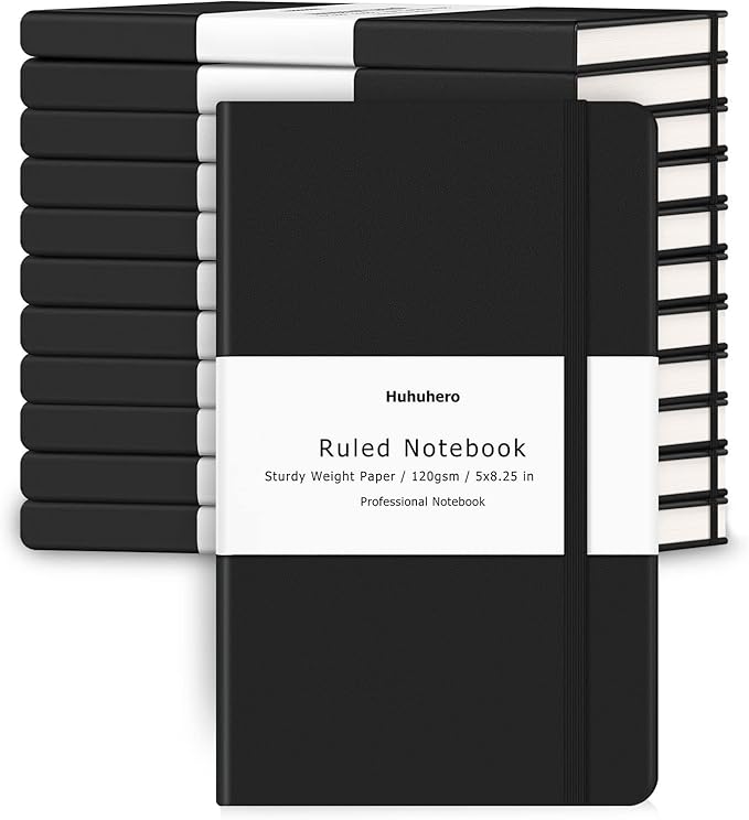 Huhuhero Notebooks Journal, Ruled Notebook, Premium Thick Paper Lined Journal, Black Hardcover Notebook for Office Home School Business Writing Note Taking Journaling, 5"×8.25" (12, Black)