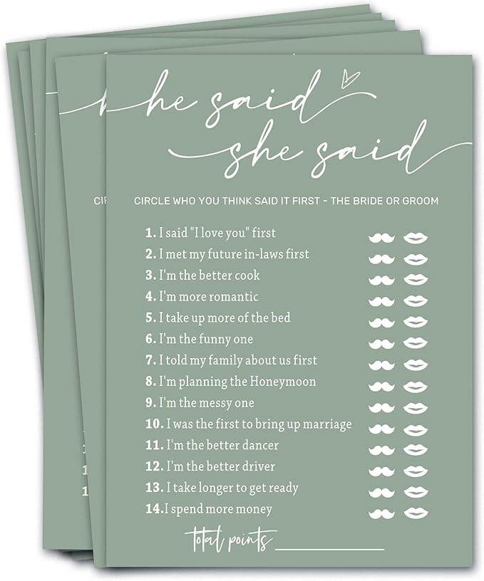 Minimalist Green Wedding Party Supplies: 25 Guest Bridal Shower Games - Engagement Party Cards