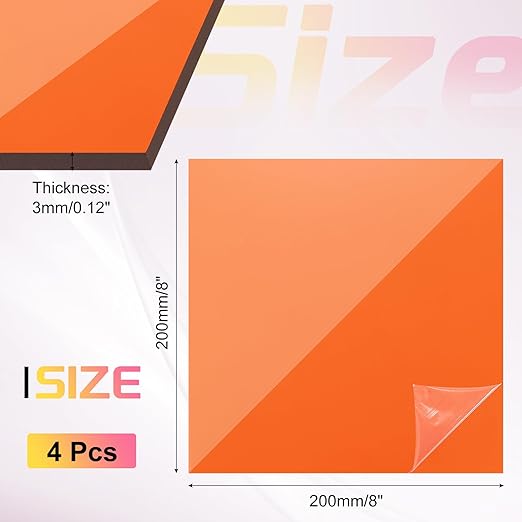 uxcell 4Pcs Acrylic Sheets 8x8 Inch Acrylic Panel 1/8 Inch-3mm Plastic Board for Picture Frames Sign Holders DIY Display Projects Craft, Clear Orange