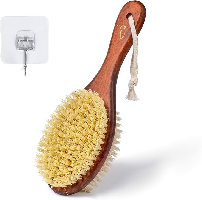 Short-Handle Dual-Sided Bath Massage Brush, Soft Boar & Firm Sisal Bristles, Portable (Red Oak)