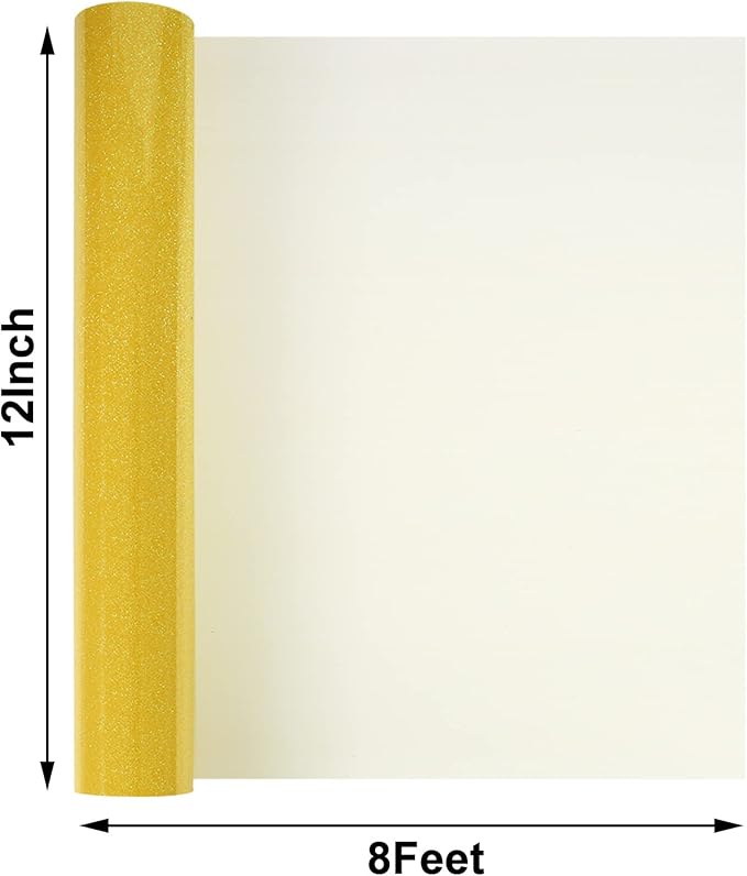 FUNKAKA Glitter Fluorescent Gold HTV Heat Transfer Vinyl Rolls, 12" x 8ft PU Iron on Vinyl for T-Shirts Glitter HTV Vinyl for All Cutter Machines Easy to Cut & Weed for DIY Design