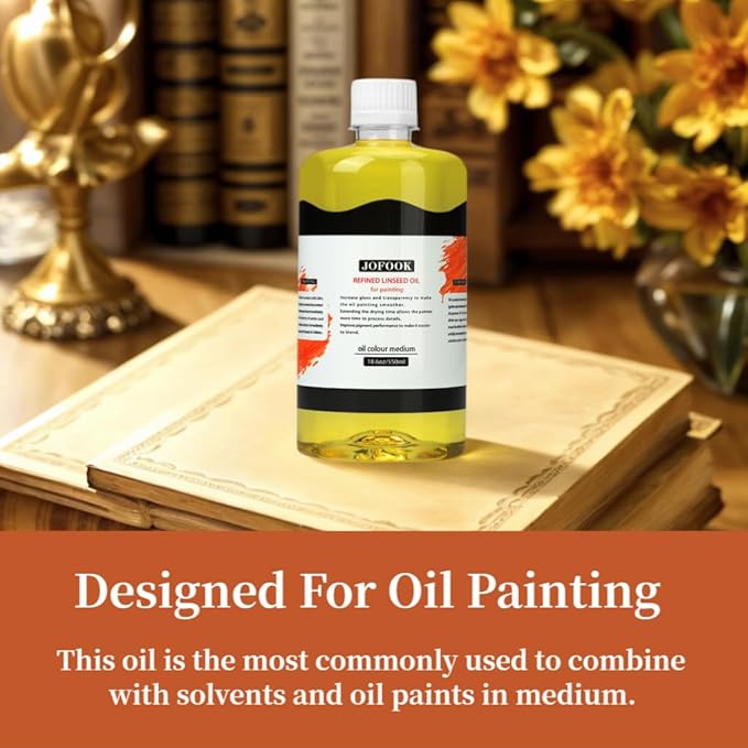 JOFOOK Refined Linseed Oil Medium for Oil Paintings,550ml/18.6oz Linseed Oil for Oil Based Paint,Artists' Paint Thinner with a Painting Knife and Paintbrush,Enhance Flow & Translucency Thinning Oil