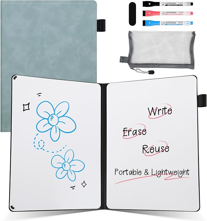 AGM Portable White Board Dry Erase Notebook, 8.4" x 6" Double Sided Folding Whiteboards with 3 Pens, Small Travel Dry Erase Board Skin-Friendly Material for Study, Meeting, Planning, Ocean Blue
