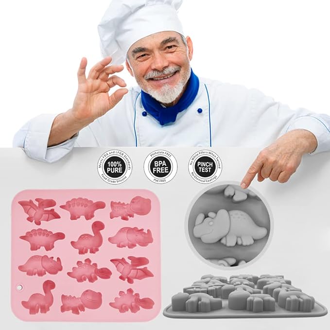 2 Pack 3D Cute Dinosaur Silicone Molds 12 Cavity Dinosaur Themed Baking Mould Tray DIY Baking Tool for Easter Chocolate Cake Dessert Candy Mousse Pastry Handmade Soap Cupcake Topper