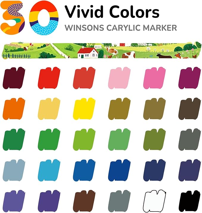 Acrylic Markers, 30 Dual-Tip Paint Pens for Rock Painting, Colouring Books, Mugs, Canvas Shoes, Metal, Scrapbooking - Quick Dry, Brush & Fine, Drawing Markers, Classrooms Must Have
