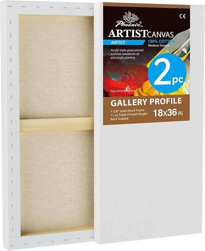 PHOENIX 18x36 Inch 2 Pack Gallery Canvas - 1.5 in Thick Extra Large Long Canvases for Painting - Deep Edge 100% Cotton 11 Oz. Gesso Primed White Blank Professional Canvas Oil & Acrylic Paints