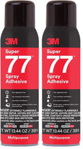 3M Super 77 Multipurpose Permanent Spray Adhesive Glue, Paper, Cardboard, Fabric, Plastic, Metal, Wood, Net Wt 13.44 oz (Pack of 2)