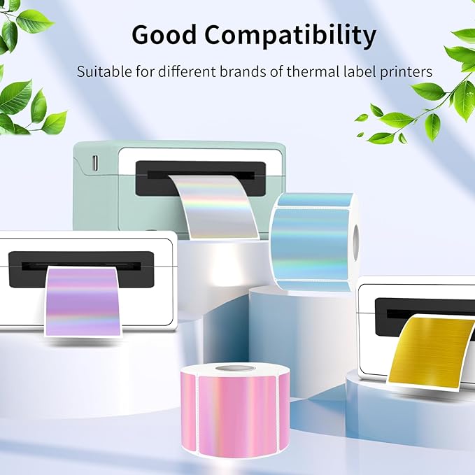 Holographic Square Thermal Labels Stickers 3" x 3", Direct Square Thermal Stickers Labels, Glitter Self-Adhesive Thermals Label for Small Business- Holographic Purple