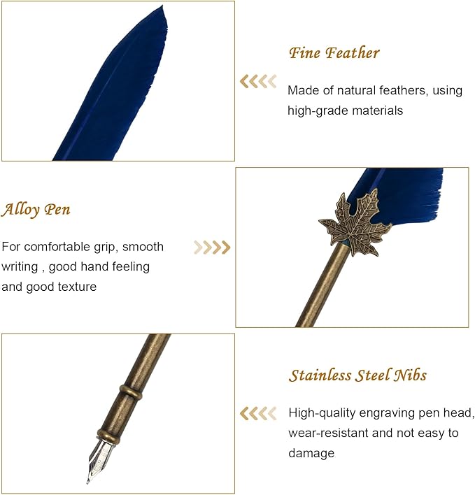 AHIER Quill Pen and Ink Set, Feather Pen Quill Pen Set Includes 5 Steel Replacement Nibs,Pen Nib Base and Dip Ink Bottle for Antique Calligraphy (Blue)