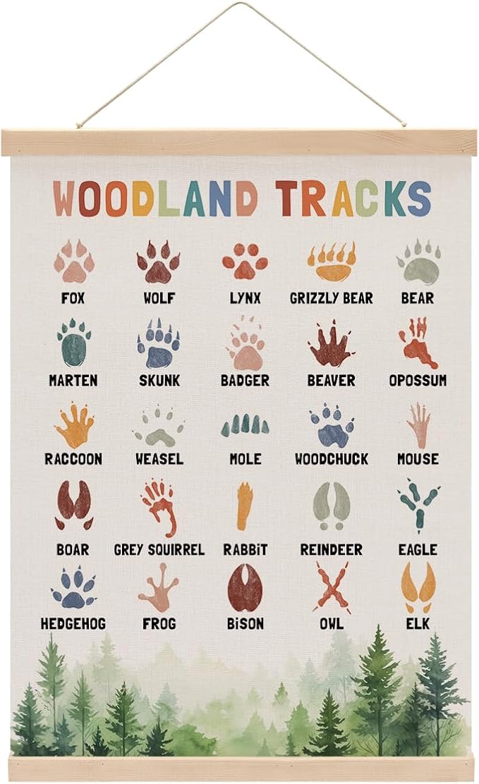 Boho Animal Woodland Tracks Poster Hanger, Forest Jungle Animals Nursery Decor Wall Decor, Paw Print Educational Posters Country Wall Art Wall Hanging Banner Farmhouse Home Playroom Baby Room Decor