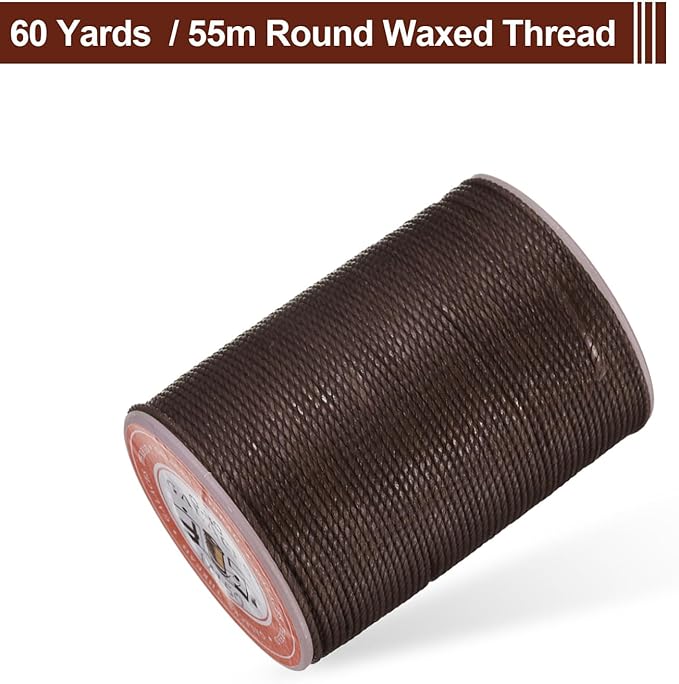 uxcell Round Leather Sewing Waxed Thread, 55m / 60 Yards Wax Polyester String, 0.8mm Waxed Stitching Cord for Leather Crafts, Bookbinding, Bracelets Braided, Coffee Brown