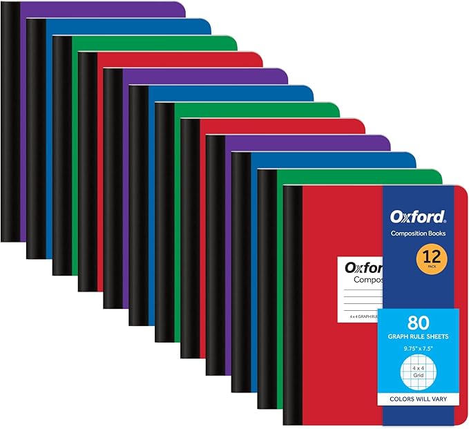 Oxford Composition Notebooks, Mega Pack of 12 Notebooks, Cover Colors Vary, 4 x 4 Graph Paper, 9-3/4 x 7-1/2 Inch School Journals, Assorted Color Covers, 80 Sheets per Book (63718)