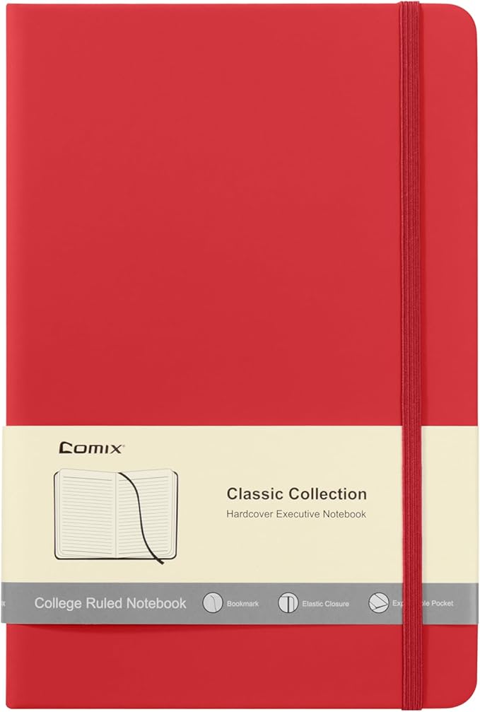 Comix Lined Journal Notebook for Women Men, Journaling Notebooks for Office School Home, 240 Pages, 5.5" x 8.3", College Ruled, A5, Hardcover, Red