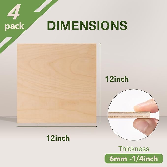 4 Pack Birch Plywood Sheets, 12 x 12 x 1/4 Inch, 6mm for Laser Cutting, Architectural Models, Wood Burning & DIY Crafts