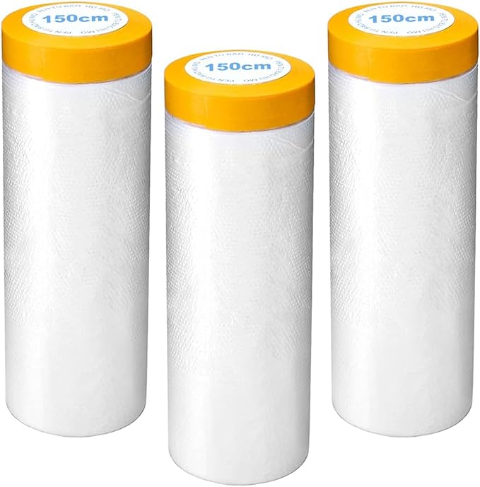3 Pack Protective Masking Film with Tape 5 x 65 Ft Car Painters Plastic Sheeting Roll Tape and Drape Masking Film for Automotive Painting Covering Frames, Furniture, Auto Body
