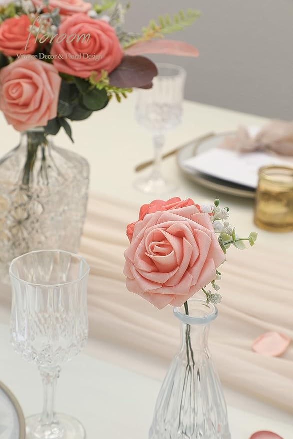 Floroom Artificial Flowers 25pcs Real Looking Mixed Living Coral Foam Fake Roses with Stems for DIY Wedding Bouquets Bridal Shower Centerpieces Floral Arrangements Party Tables Home Decorations