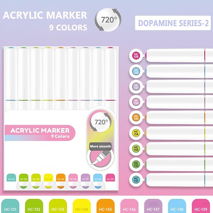 Water Based Acrylic Paint Markers, 9 Colors Acrylic Paint Pens Set with Soft Brush Tip, Marker Pen for Rock Painting, Egg, Wood, Glass, Paper, Acrylic Painter Ink (Dopamine Series-2)