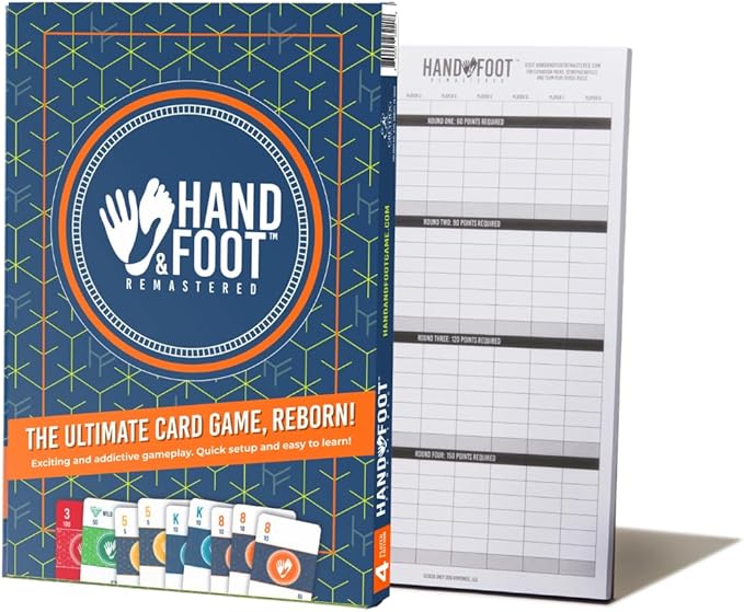 Hand & Foot Remastered 4 Player Edition + Bonus 120-Page Scorepad – Card Game for Adults & Families