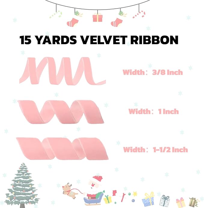 15 Yards Velvet Ribbon 1 Inch Single Face Pink Velvet Ribbon Spool Prefect for Wedding, Ribbons for Gift Wrapping, Vintage Christmas Decor Tree Ornaments Wreath Hair Bows, Ribbons for Crafts