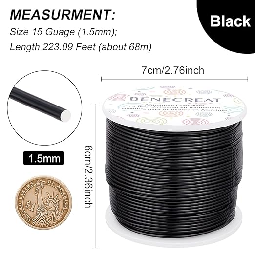 BENECREAT 15 Gauge 220FT Black Aluminum Wire Anodized Jewelry Craft Wire for Floral Beading, Plant Gardening, Decor