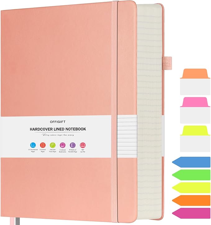 College Ruled Notebook, Large A4 Hardcover Leather Journal, 312 Numbered Pages Writing Journal, 100gsm No Bleed Paper, Lined Journal Notebook for Women Men School Office, 8.5''×11'', Pink