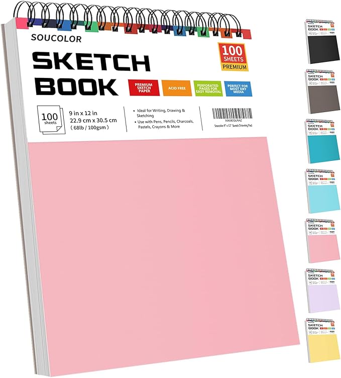 Soucolor Cute Sketchbook 9" x 12" for Women, 1-Pack 100 Sheets Spiral Notebook Drawing Pad for Girls, Pastel Girls' School Art Supplies for Beginner Artists, Arts and Crafts Gifts Set for Kids Adults