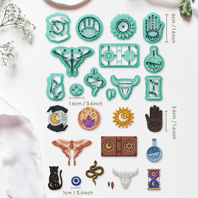Mysterious Boho Clay Cutters - 13 Shapes Mysterious Magical Elements Polymer Clay Cutters for Jewelry, Earring Making Kit with Storage Box
