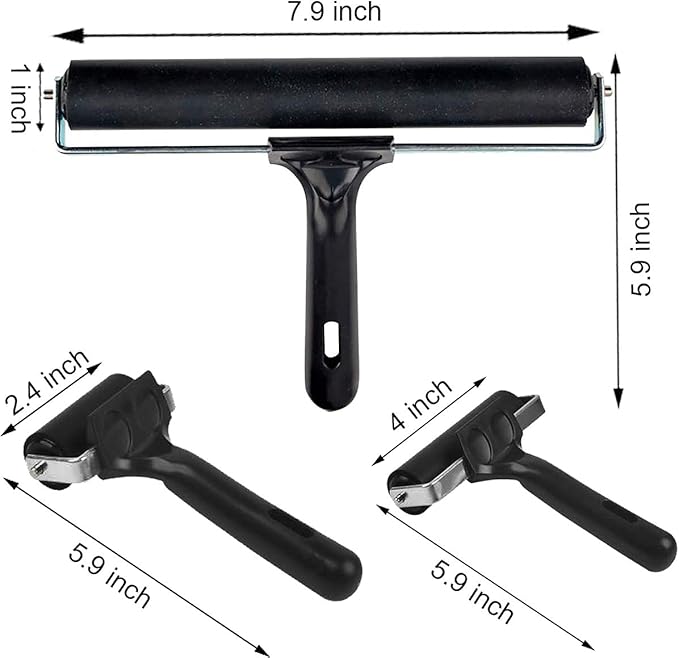 3 Pack Printmaking Brayers - Premium Brayer Rollers for Crafting, Hard Rubber Roller Brayers, Vinyl Roller Ink Paint Brush for Wallpapers Stamping Gluing Application (2.4’’, 4’’, 7.9’’) (Black)